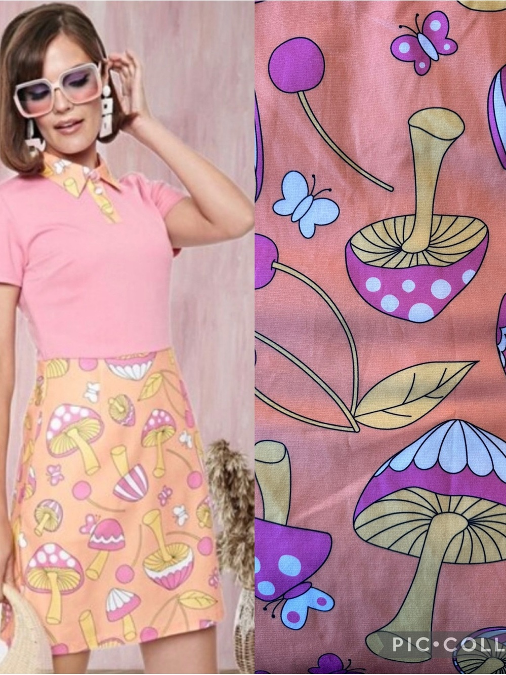 BNWOT Smak Parlour Retro Pink & Peach Polo Mushroom Print Mini Dress size XL